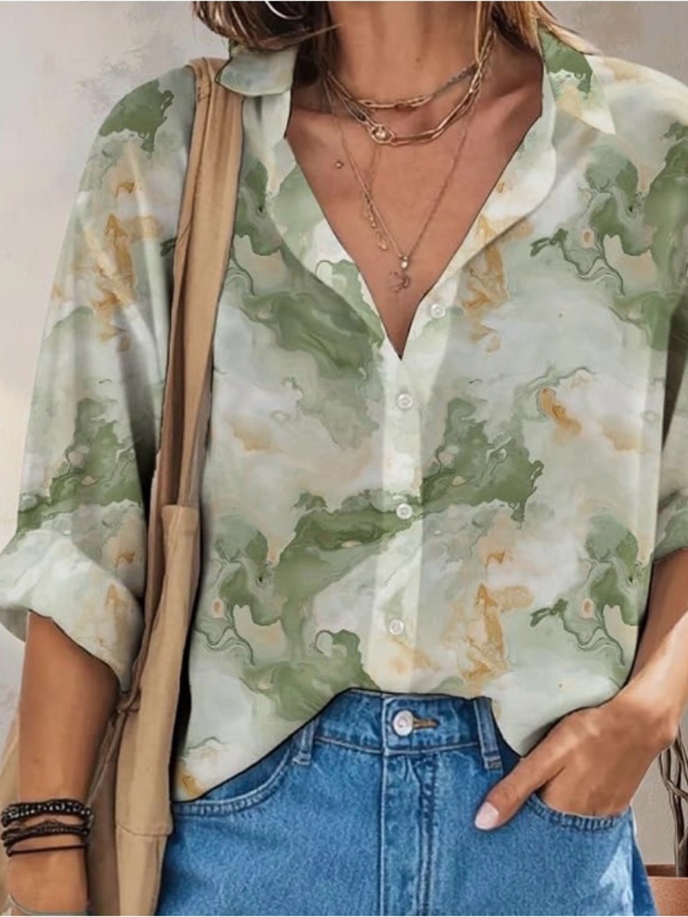 Women’s Relaxed Marble-Print Button-Down Blouse top in Green XL NWT